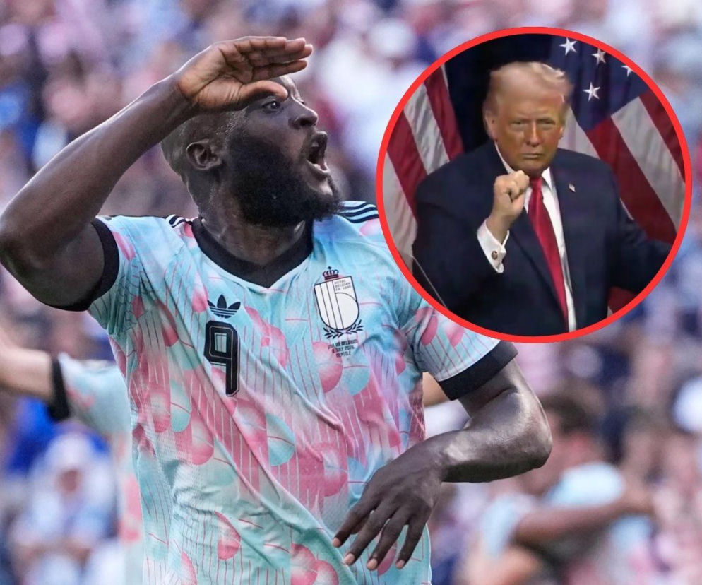Romelu Lukaku cieszy się z gola. Na miniaturze Donald Trump. O meczu Belgia - USA przeczytasz na SE Supersport.