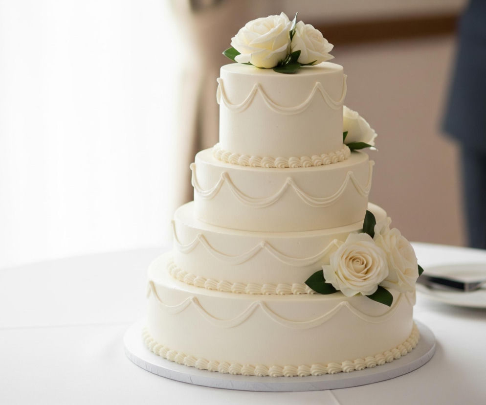 W centrum obrazu znajduje się piętrowy tort pokryty jasnym, kremowym lukrem, stojący na okrągłej podstawce. Tort ma cztery warstwy, każda mniejsza od poprzedniej, udekorowane wzorem z falistych linii lukru oraz małymi, spiralnymi rozetkami na krawędziach każdej warstwy. Na szczycie tortu widoczne są dwie białe róże z zielonymi liśćmi, a podobne róże ozdabiają również drugą i trzecią warstwę od dołu. Tort umieszczony jest na białym obrusie, a po jego prawej stronie leży biały talerzyk z metalową łopatką do ciasta. Tło obrazu jest jasne i rozmyte, z widoczną po lewej stronie dużą, jasną powierzchnią, prawdopodobnie oknem, a po prawej stronie ciemną, zamazaną sylwetką osoby w garniturze.