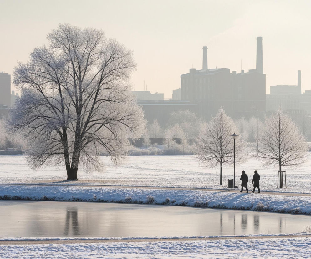 Centralny punkt kompozycji to duża, liściasta korona drzewa, pokryta szadzią, stojąca na zaśnieżonym trawniku. Po prawej stronie, wzdłuż zamarzniętego zbiornika wodnego, przebiega ścieżka, którą idą dwie ciemno ubrane osoby. Na horyzoncie, w tle, widoczne są zamglone sylwetki budynków fabrycznych z kominami, z których niektóre delikatnie dymią, wszystko w otoczeniu licznych, również oszronionych drzew i krzewów. Cały pejzaż pokrywa biały śnieg i szadź, co nadaje scenie zimowy, jasny i nieco eteryczny charakter.