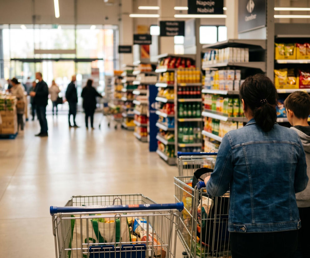 Kobieta z chłopcem robiący zakupy w supermarkecie Carrefour, idąc wzdłuż regałów z produktami. W tle widać innych klientów i wejście do sklepu, co ilustruje ruch w sklepach 2 maja podczas majówki. Więcej informacji o godzinach otwarcia Carrefoura znajdziesz na Super Biznes.