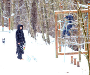 Marta Kaczyńska z synem i psami na sankach w lesie