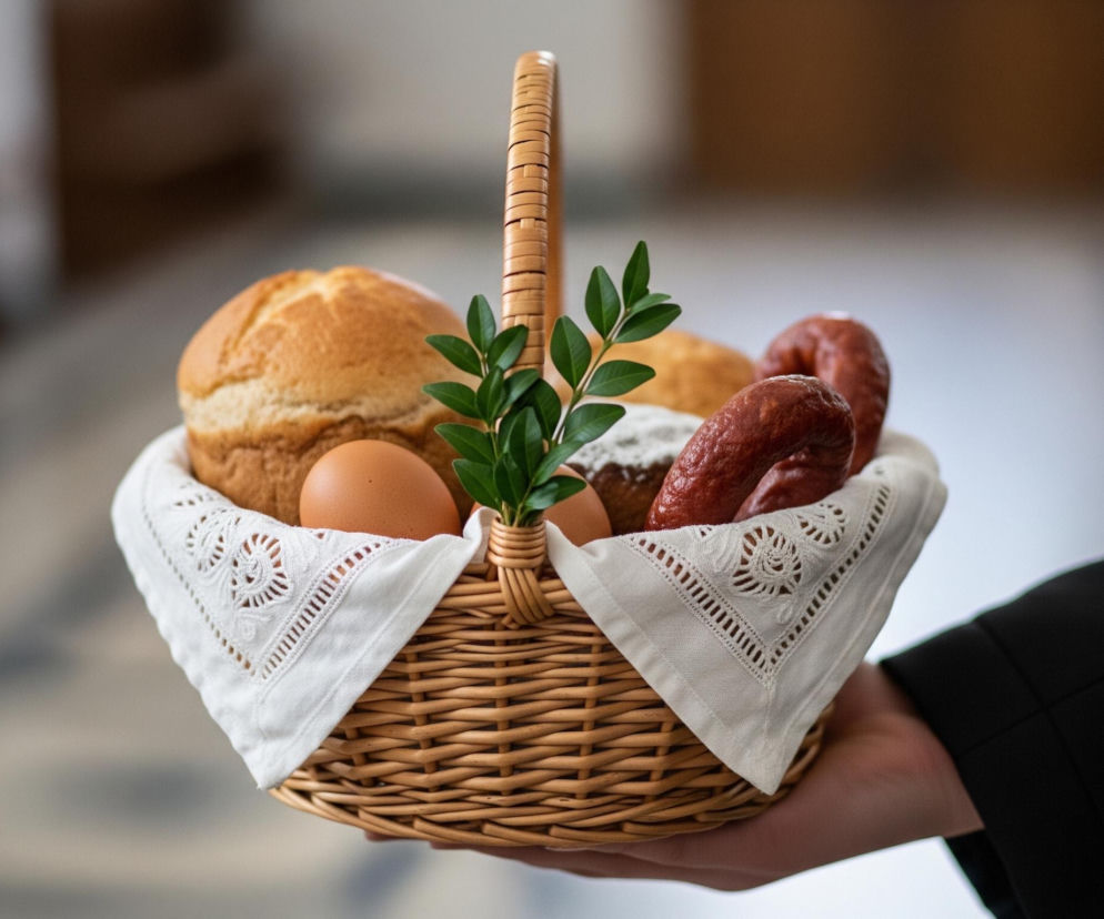 Ręka osoby w czarnym ubraniu trzyma wiklinowy koszyk, wyłożony białą, koronkową serwetką. W koszyku znajdują się: bochenek chleba o złocistej skórce, dwa brązowe jajka, ciasto posypane cukrem pudrem oraz dwie brązowo-czerwone kiełbaski, ułożone w okrągły kształt. Pośrodku koszyka, przy uchwycie, wpleciona jest zielona gałązka z drobnymi listkami, dodając świeżości kompozycji. Tło jest rozmyte, ale widoczne są elementy przypominające wnętrze pomieszczenia z jasną posadzką i ciemniejszymi meblami.