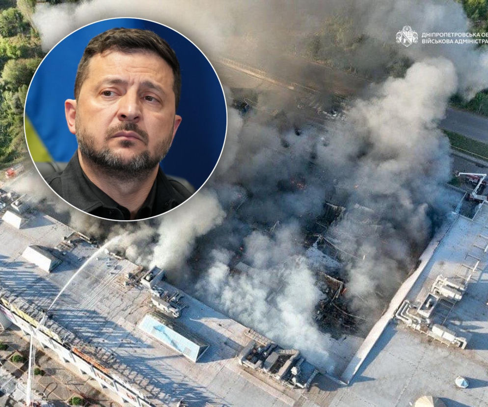 Płonące centrum handlowe w Krzywym Rogu. Na miniaturze prezydent Zełenski. O ataku w Ukrainie przeczytasz w Eska.