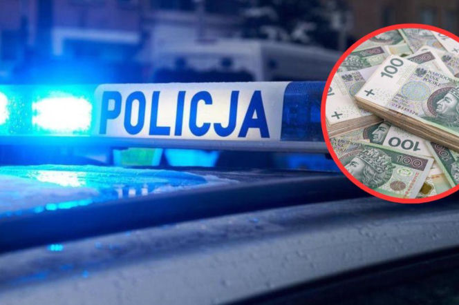 Radiowóz policyjny na sygnale. Na miniaturze plik banknotów 100 zł. O oszustwie w Siedlcach czytaj na Eska Siedlce.