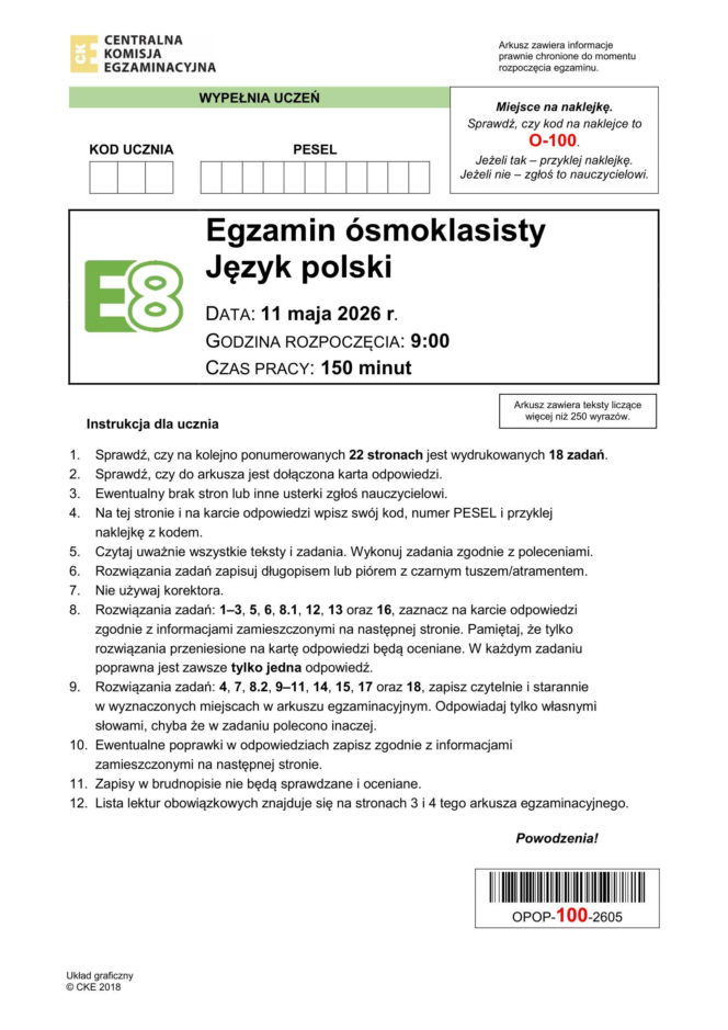 Egzamin ósmoklasisty 2026 polski: Arkusze CKE i odpowiedzi - sprawdź, czy zdałeś! 11.05.2026