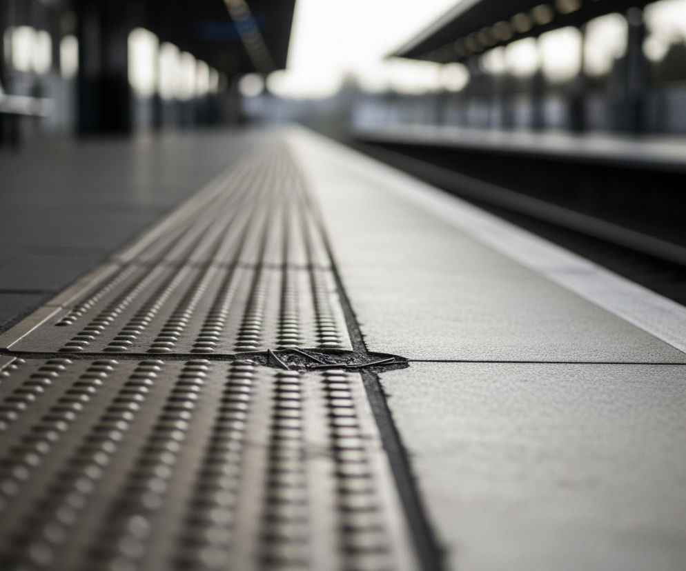 Peron kolejowy, widoczny z poziomu gruntu, z dominującymi odcieniami szarości i czerni. Blisko lewej krawędzi zdjęcia znajduje się fakturowana powierzchnia z rzędami wypukłych kółek, która rozciąga się w głąb obrazu. Pomiędzy tą powierzchnią a gładką, jaśniejszą częścią peronu po prawej, widoczna jest wąska, ciemna szczelina z drobnymi kamyczkami i metalowym elementem. W tle, rozmyte obiekty takie jak ławka, filary i zadaszenie dworca, a także tory kolejowe po prawej, nadają głębię perspektywy.