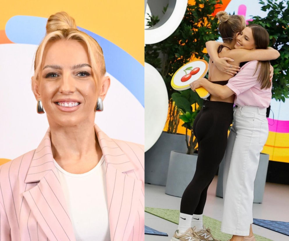 Daria Rybak-Lenz uśmiecha się w różowej marynarce. Obok wstawka, jak ściska się z kobietą. O debiucie w Polsacie czytaj na Eska.