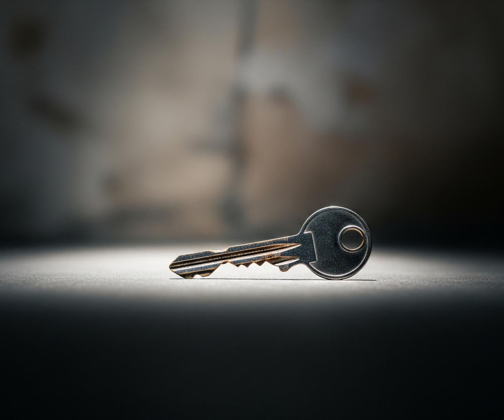 Na pierwszym planie, centralnie, leży pojedynczy, metalowy klucz. Klucz ma srebrzysty kolor z jaśniejszymi, odbijającymi światło krawędziami i ciemniejszymi, matowymi powierzchniami. Po prawej stronie klucza znajduje się okrągła główka z mniejszym, pustym okręgiem w środku, a po lewej stronie ząbkowana część ostrza. Klucz leży na ciemnej, matowej powierzchni, która jest intensywnie oświetlona od góry, tworząc wyraźną linię światła wzdłuż jej górnej krawędzi, podczas gdy dół powierzchni jest pogrążony w cieniu. Tło jest rozmyte i ciemne, z jaśniejszymi, beżowo-brązowymi plamami po lewej i prawej stronie.