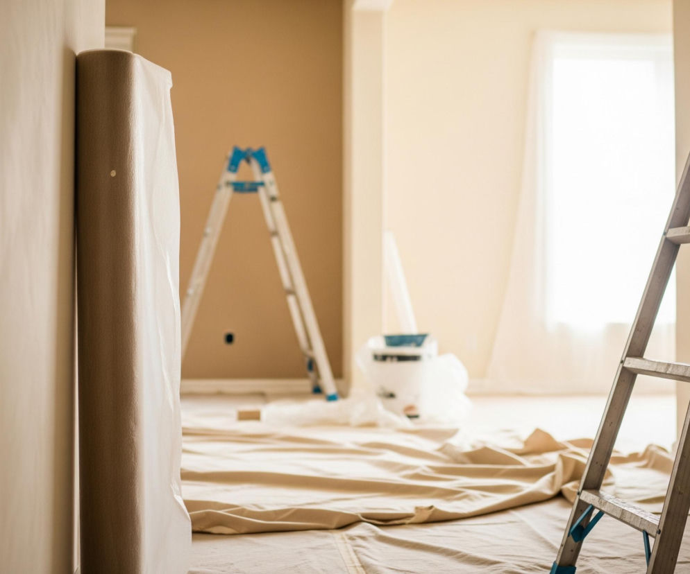 Pomalowany na jasnobeżowy kolor pokój przygotowany do dalszego remontu, widziany z perspektywy wejścia, z ciemniejszym brązowym słupem w lewej części kadru. Na podłodze leżą beżowe plandeki zabezpieczające, a w centralnej części widoczne są dwie rozstawione drabiny malarskie o srebrnych ramach i niebieskich łącznikach. W tle znajduje się okno z jasną, rozproszoną poświatą, a na ścianie po prawej stronie widoczne jest białe gniazdko elektryczne.