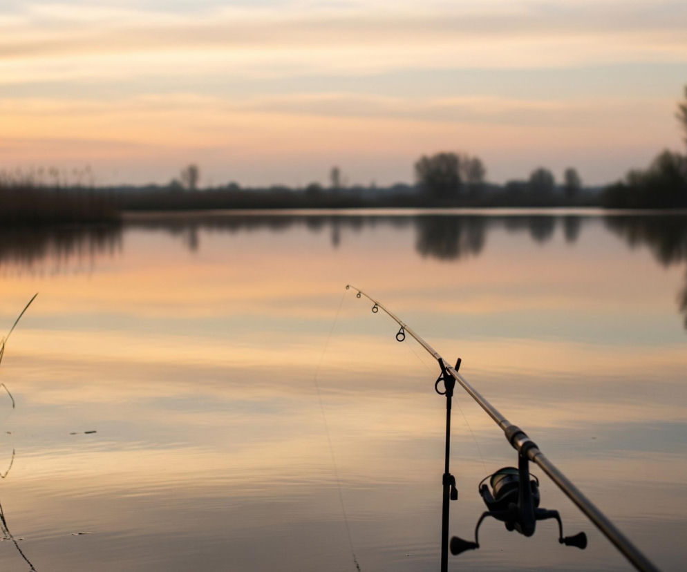 Wędka ustawiona na podpórce wychodzi z prawego dolnego rogu zdjęcia, skierowana ku górze i lewej stronie, jej końcówka z przelotkami i żyłką jest widoczna na tle spokojnej tafli wody. Ciemne, rozmyte sylwetki trzcin i krzewów porastających brzeg widoczne są po lewej stronie kadru, natomiast dalszy brzeg jeziora z rzędem drzew odbija się w jasnoróżowo-pomarańczowej wodzie. Niebo nad horyzontem mieni się odcieniami pomarańczu, różu i błękitu, z delikatnymi, poziomymi smugami chmur, tworząc odblask na powierzchni wody.