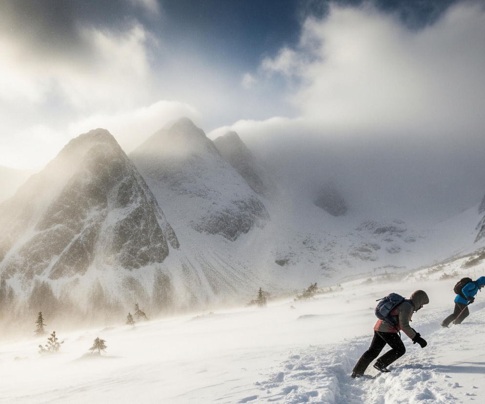 Grupa czterech osób wędruje pod górę przez zaśnieżony, górski krajobraz w zimowy dzień. Pierwsza osoba, najbliżej kadru, nosi czerwoną kurtkę z kapturem, czarne spodnie i plecak, wspinając się po śladach w głębokim śniegu. Za nią podążają trzej inni turyści, ubrani w kurtki w kolorach niebieskim i brązowym, wszyscy z plecakami i używający kijków trekkingowych. Dookoła rozciągają się pokryte śniegiem góry, z których niektóre szczyty są zasłonięte przez chmury lub mgłę, a niebo jest częściowo błękitne, a częściowo pokryte jasnymi, rozmywającymi się chmurami.