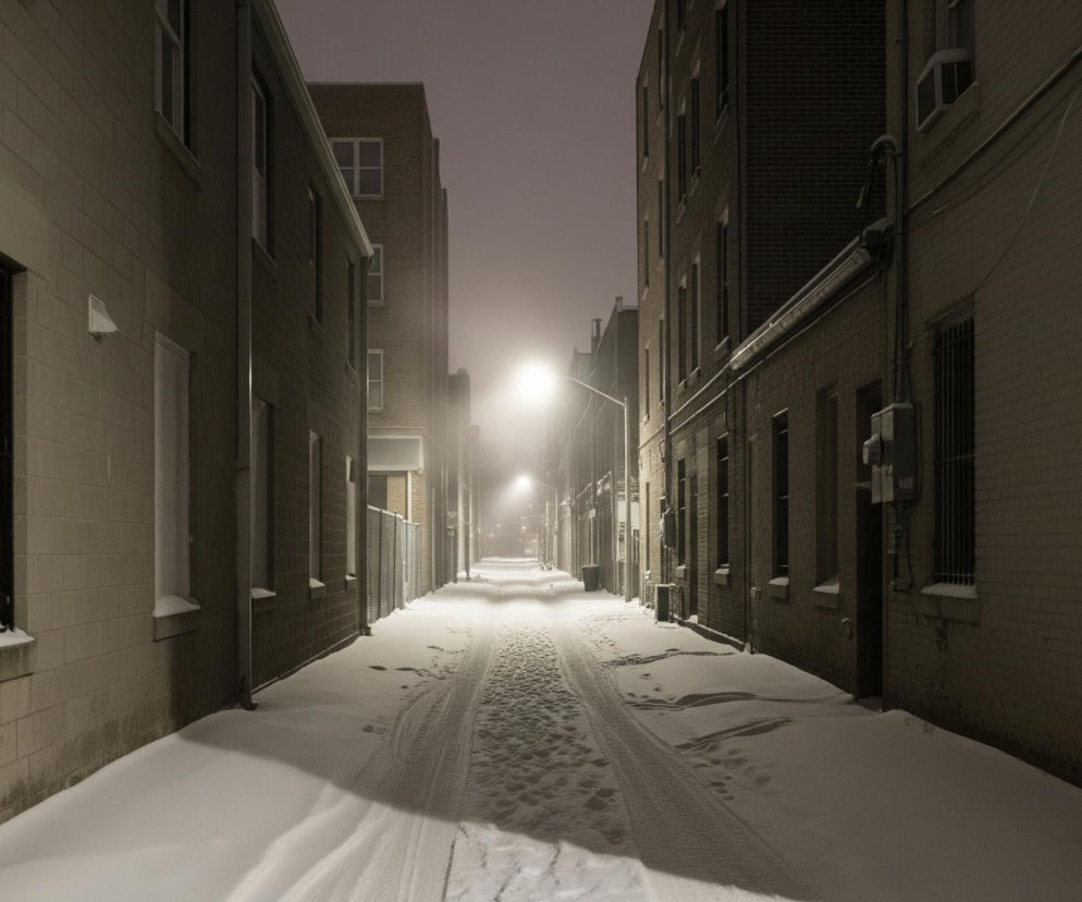 Wąska, zasypana śniegiem uliczka biegnie przez centrum kadru, otoczona wysokimi, ceglanymi budynkami po obu stronach. Śnieg leży równomiernie, z wyraźnymi śladami opon i butów prowadzącymi w głąb perspektywy. Uliczka rozjaśniona jest przez intensywne światło latarni ulicznej, które wybija się z mglistego, ciemnofioletowego nieba, tworząc aurę wokół źródła światła i rzucając długie cienie na śnieg. Fasady budynków, o brązowo-szarej tonacji, posiadają liczne okna, niektóre z kratami, a także rury spustowe i wentylatory klimatyzacji.