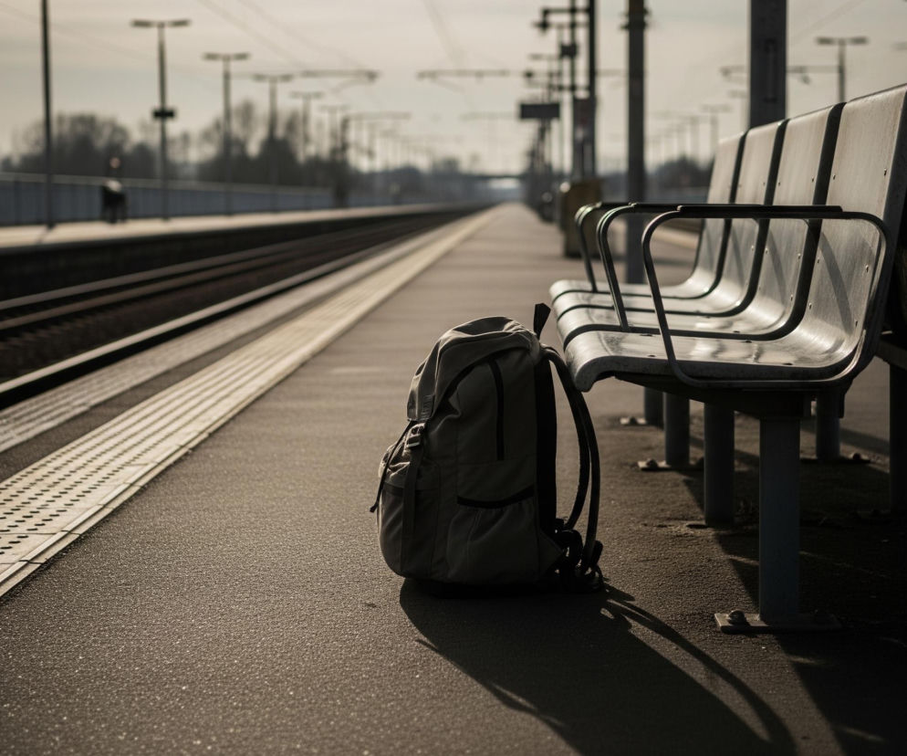Na betonowej platformie dworca kolejowego leży szary plecak, rzucający długi cień. Obok niego, po prawej stronie, ustawiono rząd sześciu szarych, metalowych ławek z podłokietnikami, skierowanych w stronę torów kolejowych. Tory, składające się z dwóch par, biegną równolegle do platformy, oddalając się w perspektywie, a za nimi widać kolejną, równoległą platformę i rozmyte drzewa oraz słupy trakcyjne. Niebo jest jasne, a słońce rzuca wyraźne cienie, oświetlając lewą stronę sceny.