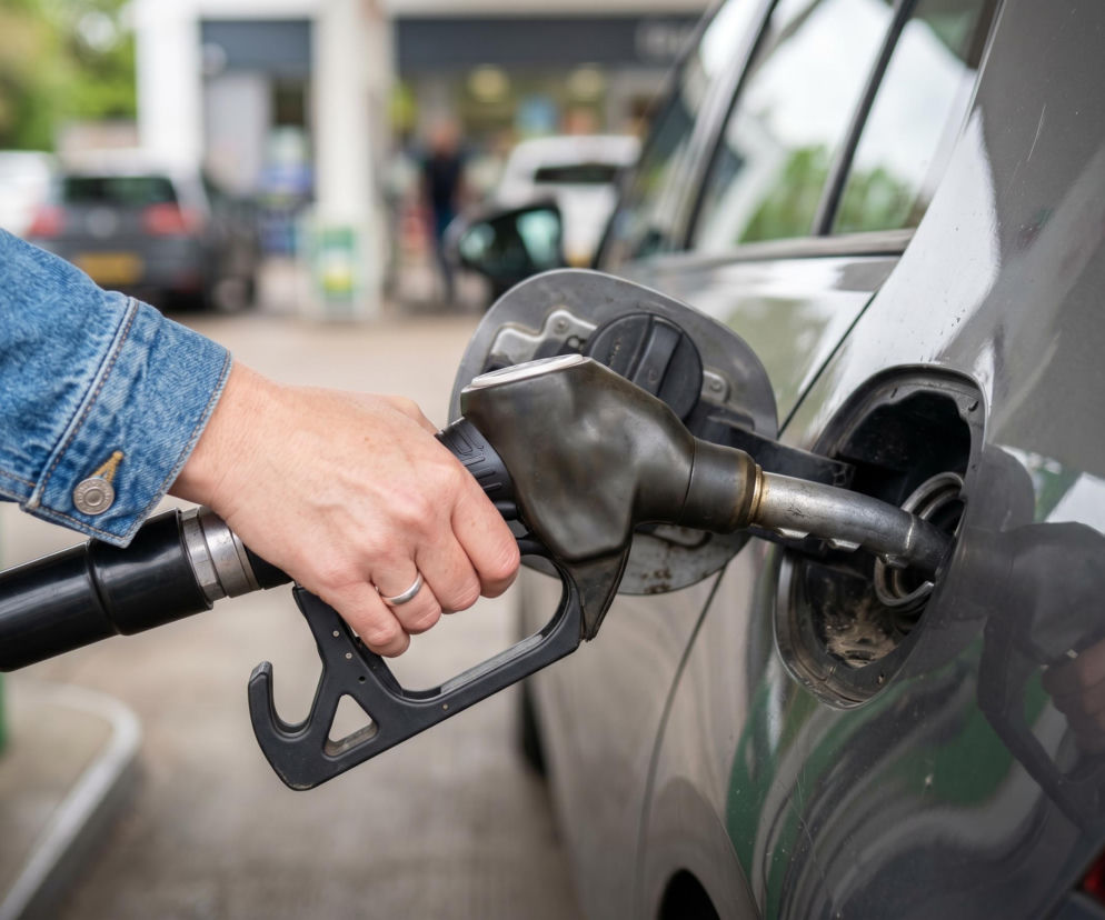 Dłoń kobiety w jeansowej kurtce tankująca ciemne auto na stacji paliw, z widocznym pistoletem dystrybutora w baku. Zdjęcie ilustruje temat stabilizacji cen paliw na początku czerwca 2026, o czym przeczytasz więcej na Super Biznes.