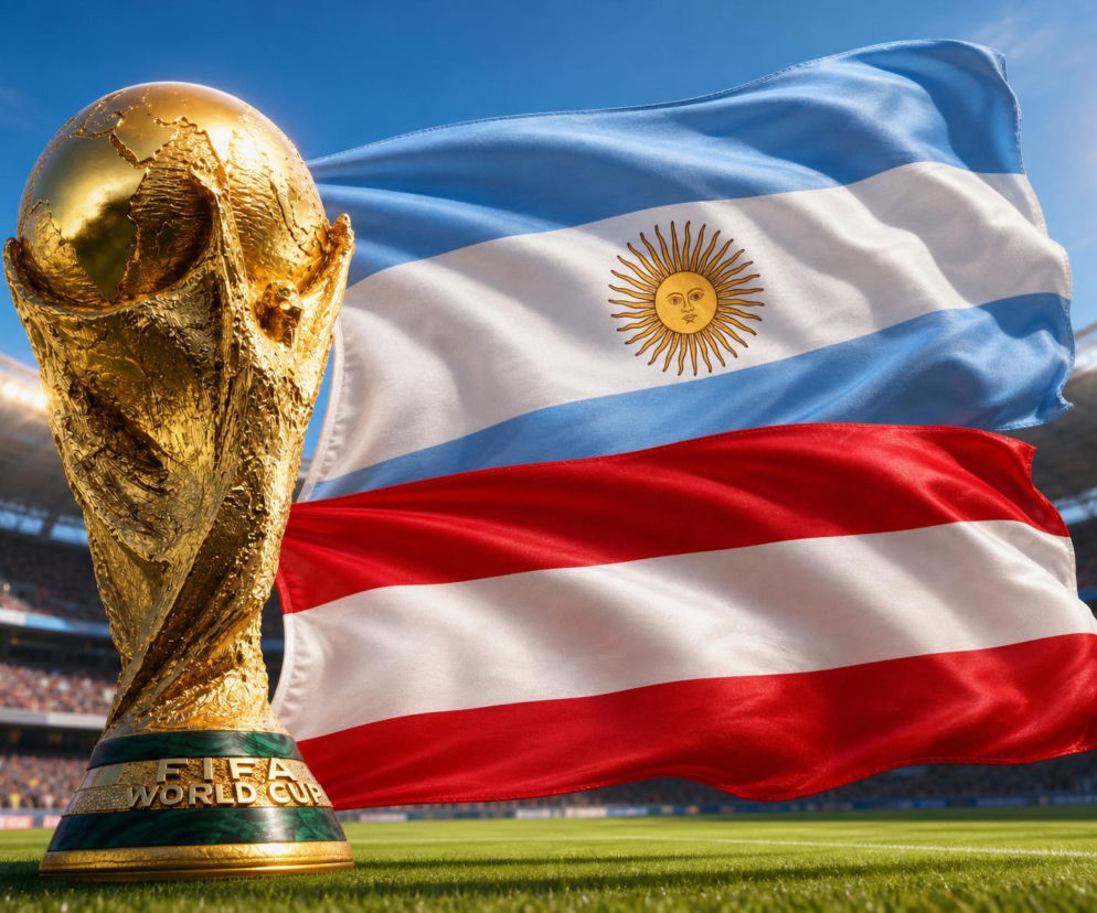Puchar FIFA World Cup oraz flagi Argentyny i Austrii, symbolizujące mecz tych drużyn na Mistrzostwach Świata. Wszystkie kluczowe informacje o spotkaniu Argentyna – Austria na mundialu 2026 przeczytasz na naszym portalu.