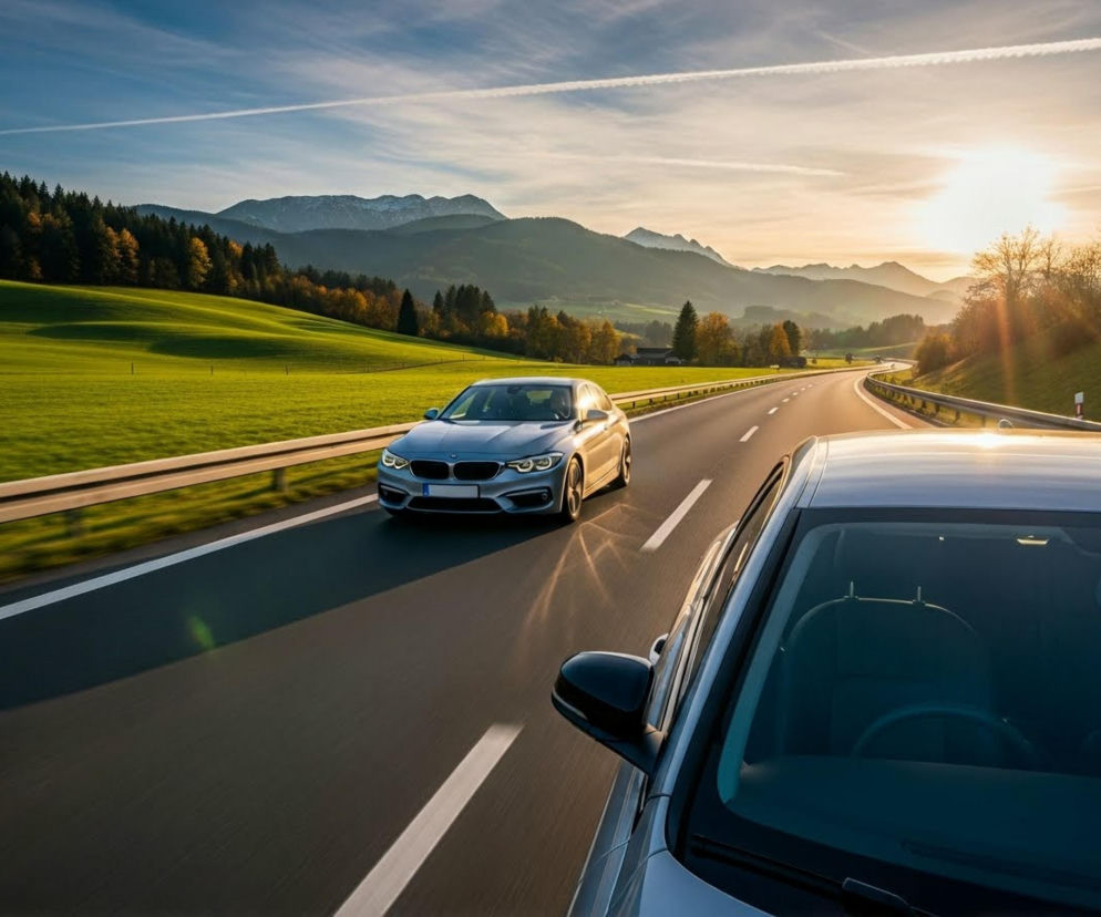 Dwa samochody jadące autostradą w górskim krajobrazie o zachodzie słońca, symbolizujące podróżowanie po Europie. Po lewej stronie zielone wzgórza i jesienne drzewa. O aktualnych cenach winiet przeczytasz na Super Biznes.