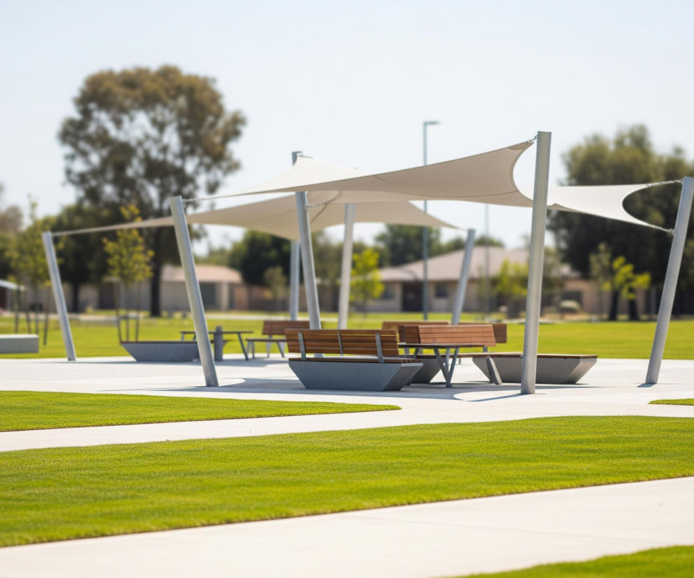 Nowoczesny park miejski z równo przystrzyżonymi trawnikami i jasnymi, betonowymi ścieżkami zajmuje pierwszy plan i środek obrazu. W centralnej części znajdują się trzy jasne, kremowe żagle przeciwsłoneczne, rozpięte na srebrnych metalowych słupach, tworzące obszar cienia nad ławkami i stołami. Ławki mają drewniane siedziska i oparcia, osadzone na solidnych, szarych podstawach, a niektóre wyposażono w dopasowane stoły. W tle widoczne są niskie budynki mieszkalne oraz drzewa o rozłożystych koronach, wszystko rozmyte, co sugeruje płytką głębię ostrości.