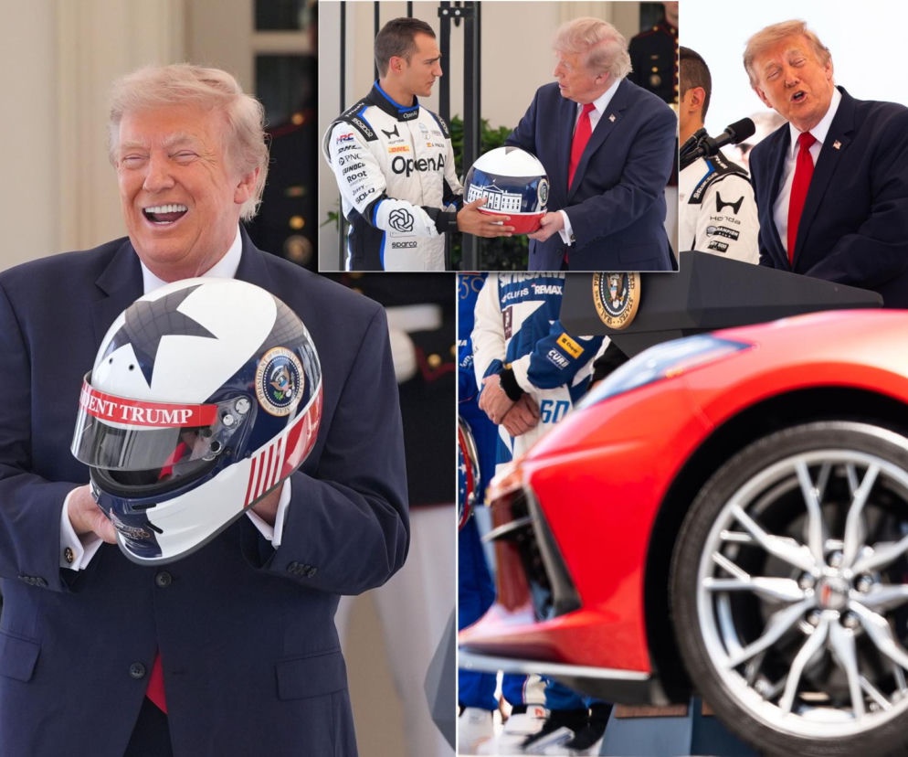 Prezydent Donald Trump trzyma kask wyścigowy. Obok miniatury z kierowcą i autem. O wyścigu IndyCar przeczytasz na SE USA.