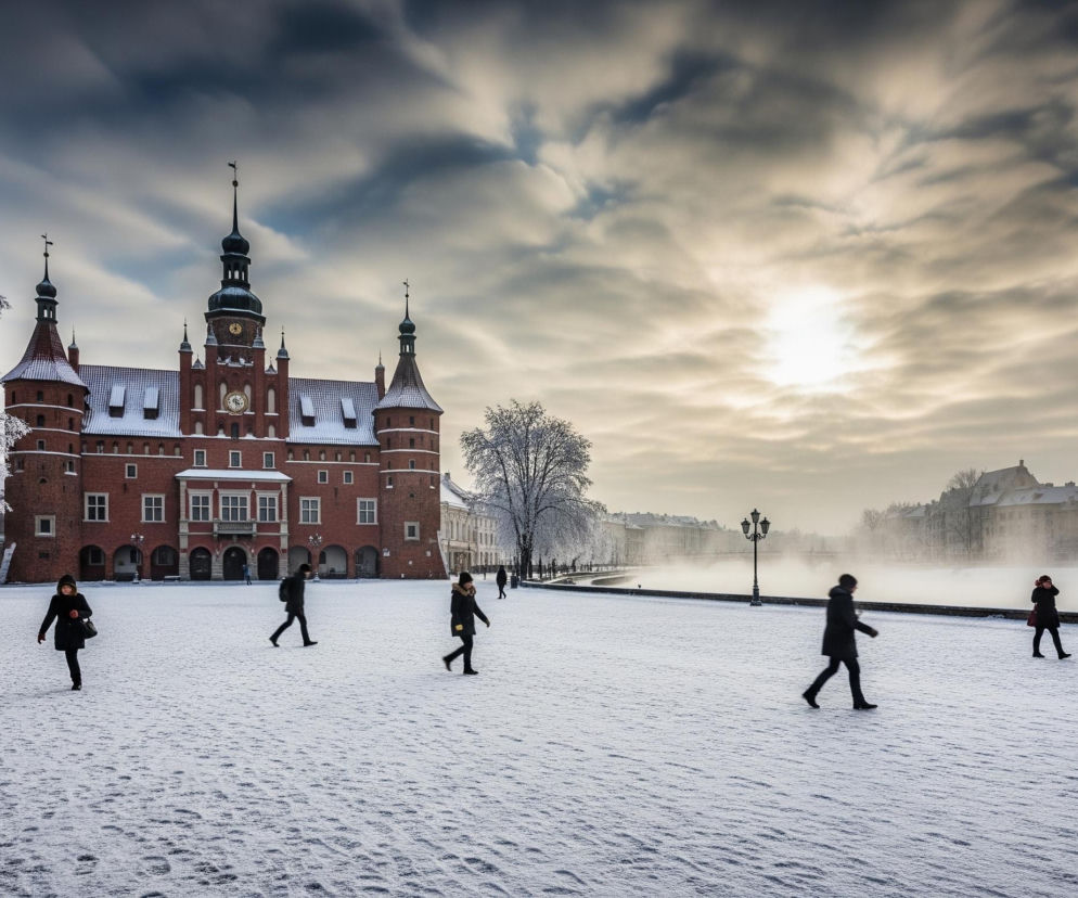 Na pierwszym planie, sześć sylwetek ludzi przemierza zaśnieżony plac, z wyraźnymi śladami stóp na białym puchu. Dominujący po lewej stronie duży, ceglany budynek z zielonymi kopułami i zegarami na fasadzie, pokryty jest częściowo śniegiem na dachu. Prawo od budynku rozciąga się zamglona rzeka lub kanał, wzdłuż której widać zabytkowe latarnie i drzewa pokryte szronem, a także zabudowania w oddali. Niebo jest dramatyczne, z sunącymi, rozmywającymi się chmurami i jasnym, rozproszonym słońcem po prawej stronie.