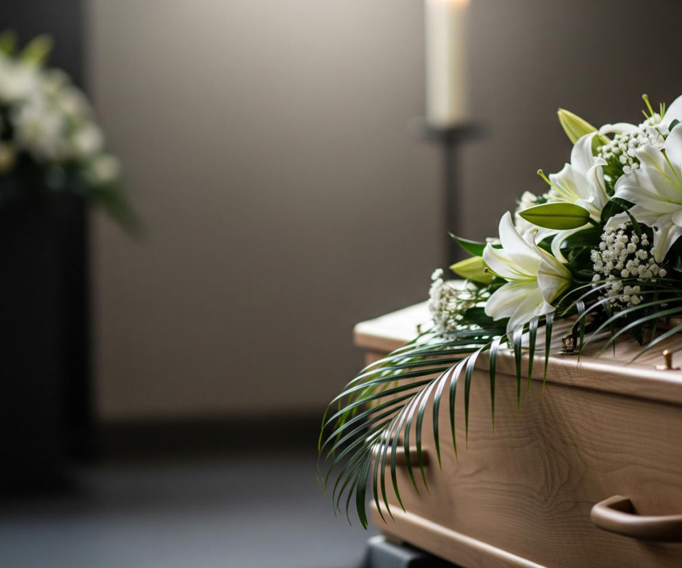 Na pierwszym planie, po prawej stronie, znajduje się jasnobrązowa drewniana trumna. Jej góra jest udekorowana dużą, bujną kompozycją kwiatową składającą się głównie z białych lilii i drobnych białych kwiatów, uzupełnionych zielonymi liśćmi i długimi, smukłymi liśćmi palmy, które częściowo zwisają w dół. W tle, po lewej stronie, widoczny jest rozmyty, niewyraźny wazon z podobnymi białymi kwiatami, a za nim stoi wysoka, zapalona świeca w bladym, rozproszonym świetle.
