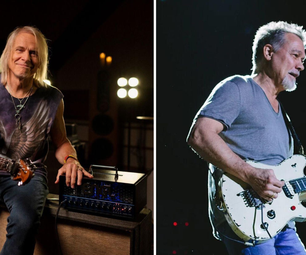 Steve Morse z gitarą, obok na osobnym zdjęciu Eddie Van Halen na scenie. O ich współpracy przeczytasz na EskaRock.