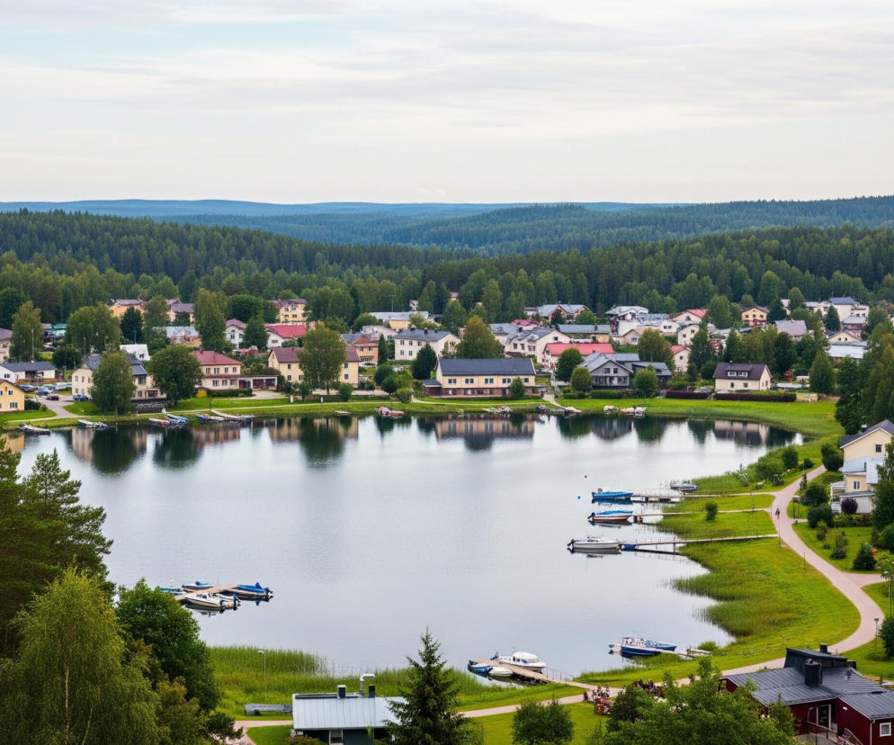 Duże, spokojne jezioro zajmuje centralną część obrazu, odbijając otaczające domy i drzewa na swojej tafli. Wokół brzegów jeziora rozciąga się zielony pas traw i drzew, na którym rozmieszczone są liczne domy o różnobarwnych fasadach, z przewagą odcieni beżu, żółci i bieli, oraz dachach w kolorach czerwonym, szarym i czarnym. Na jeziorze, przy drewnianych pomostach, cumuje wiele małych łodzi i motorówek. Całość otacza gęsty las liściasty i iglasty, rozciągający się aż po horyzont, gdzie widoczne są lekko zamglone, ciemniejsze pasma drzew. Niebo jest jasne, pokryte delikatnymi, rozproszonymi chmurami.
