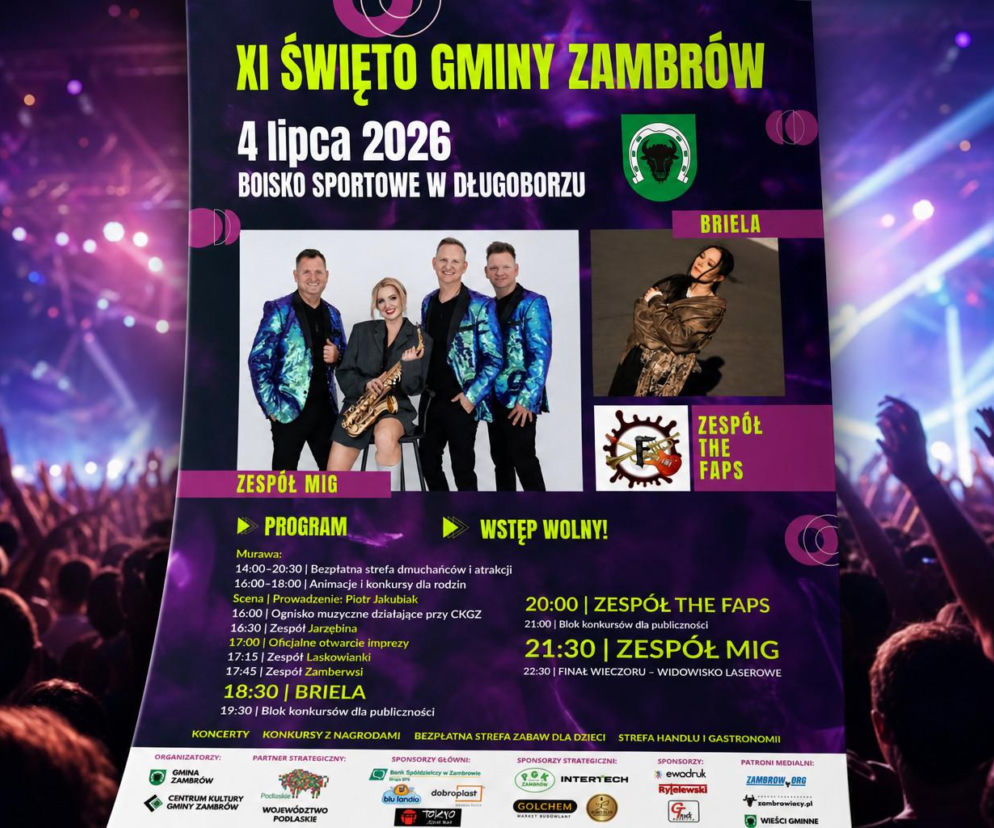 Plakat XI Święta Gminy Zambrów z zespołem MIG i Brielą na tle tłumu. O darmowych koncertach przeczytasz w VOX FM.