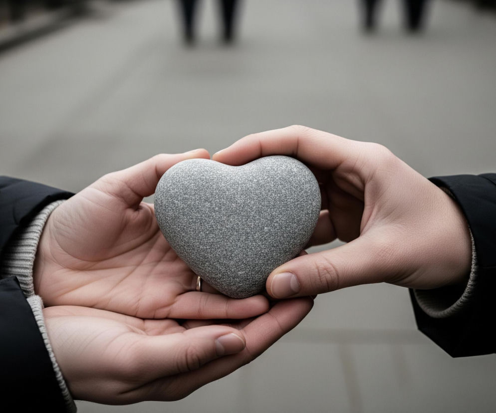Dwie osoby trzymają w dłoniach kamień w kształcie serca, leżący na otwartej dłoni po lewej stronie i podtrzymywany palcami dłoni po prawej. Kamień jest szary i ma porowatą teksturę. Osoba po lewej ma na sobie czarną kurtkę z pikowanymi rękawami i jasnoszary mankiet z dzianiny, a osoba po prawej ma podobny ciemny rękaw kurtki. Tło jest rozmyte, przedstawiając jasnoszarą powierzchnię i ciemne, niewyraźne kształty postaci w oddali.