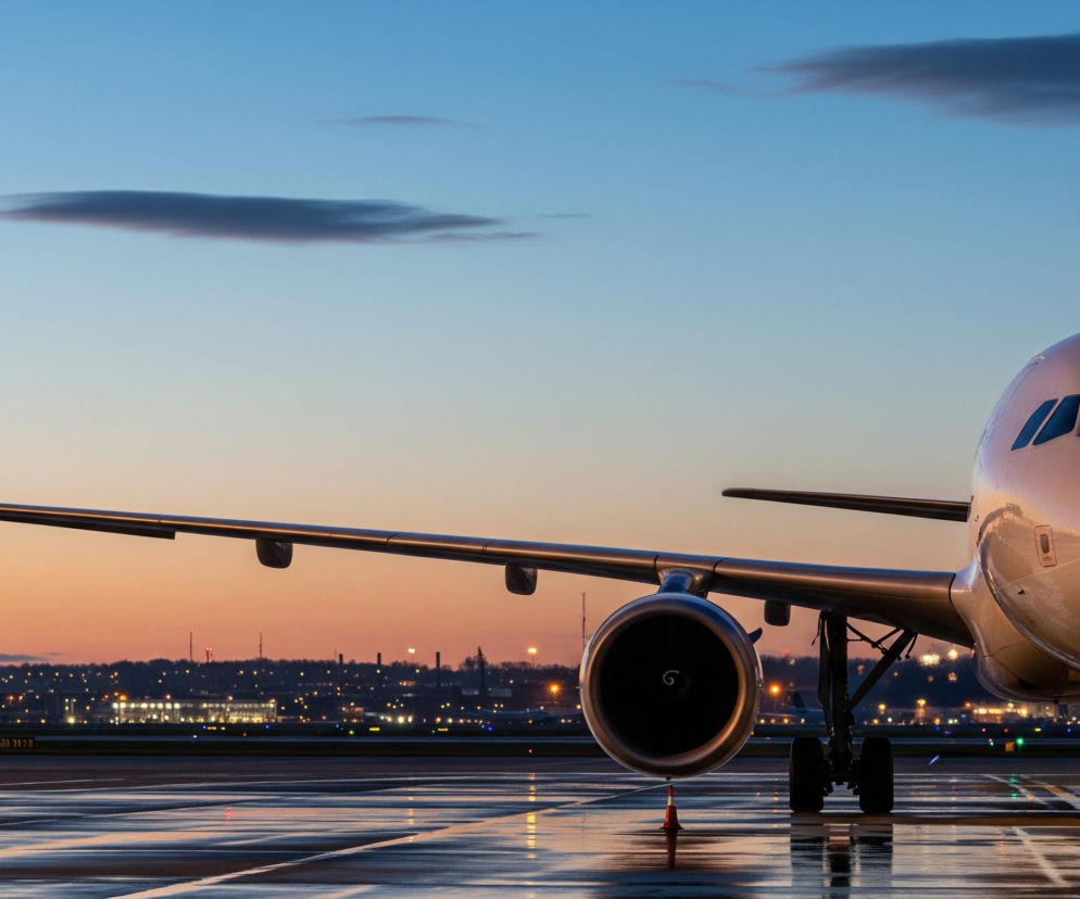Na pierwszym planie widoczny jest duży, biały samolot pasażerski, skierowany przodem w stronę obserwatora, stojący na mokrym asfalcie lotniska. Lewe skrzydło rozciąga się w poprzek kadru, a na jego końcu znajduje się zielone światło pozycyjne. Część dziobowa samolotu i kokpit są wyraźnie oświetlone ciepłym, pomarańczowym światłem, kontrastującym z chłodnym błękitem nieba. W tle rozciąga się panorama miasta z licznymi, rozproszonymi światłami, a horyzont zabarwiony jest intensywnym pomarańczowym i różowym kolorem zachodzącego słońca, przechodzącym w górze w jasnoniebieskie niebo z delikatnymi smugami chmur. Mokra nawierzchnia odbija światła miasta i nieba, tworząc wydłużone refleksy.