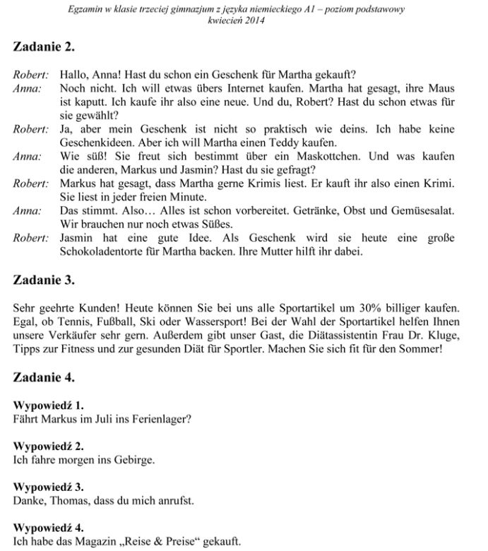 EGZAMIN GIMNAZJALNY 2014 NIEMIECKI: ARKUSZE, ODPOWIEDZI, ROZWIĄZANIA