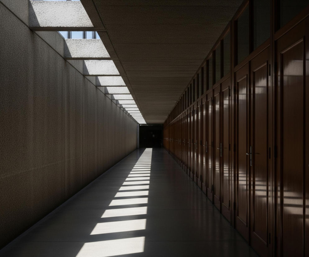 Długi, wąski korytarz rozciąga się w głąb obrazu, z lewej strony widoczna jest szorstka, teksturowana ściana w odcieniach szarości i brązu, a po prawej stronie rząd identycznych, ciemnobrązowych drzwi panelowych, z metalowymi klamkami i górnymi panelami przeszklonymi. Światło słoneczne wpada przez prostokątne otwory w dachu, tworząc serię równoległych, jasnych pasów na podłodze korytarza oraz refleksy na błyszczących powierzchniach drzwi. W tle korytarz ciemnieje, prowadząc do niewyraźnego, ciemnego punktu zniknięcia.