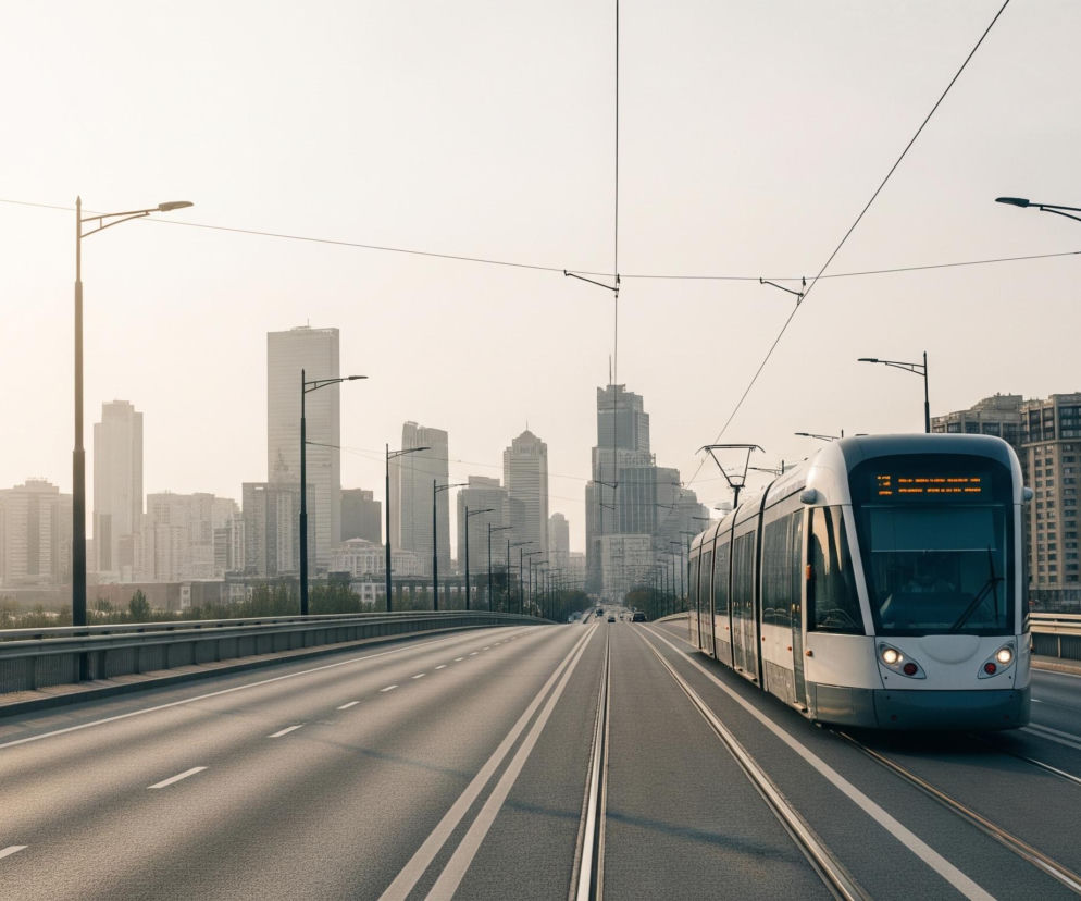 Nowoczesny tramwaj w kolorze białym i szarym jedzie po torach umieszczonych po prawej stronie szerokiego mostu. Most posiada wiele pasów ruchu dla samochodów, wyznaczonych białymi liniami, i jest obramowany barierkami ochronnymi po obu stronach. W tle, pod lekką mgiełką, rozciąga się panorama miasta z licznymi wysokimi budynkami i drapaczami chmur. Całość jest skąpana w ciepłym, jasnym świetle, sugerującym poranek lub późne popołudnie, a nad tramwajem widać linie trakcji elektrycznej.