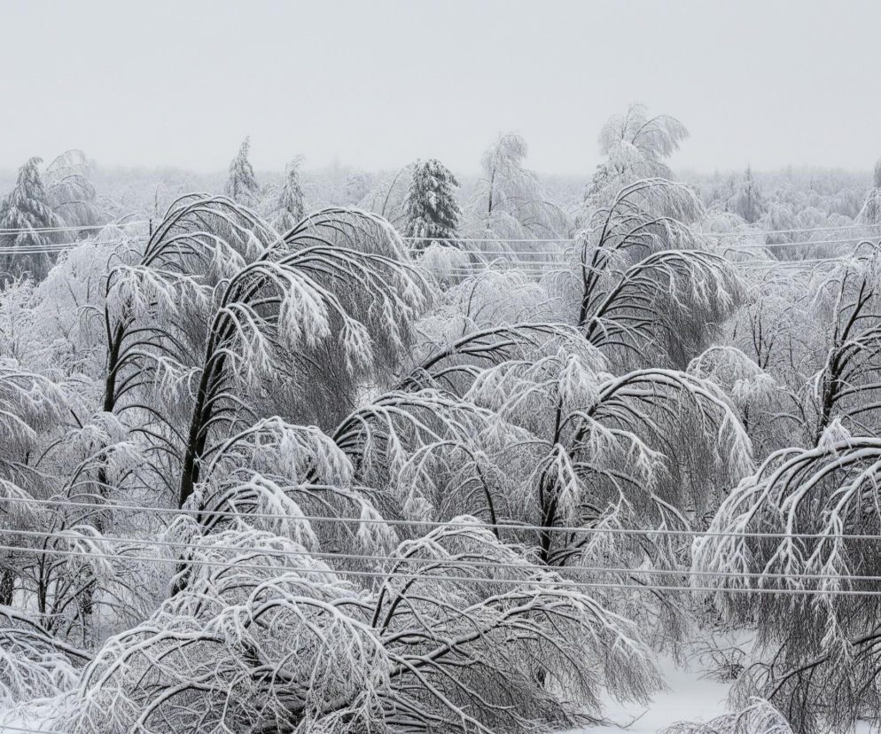 Rozległa, zimowa panorama przedstawia las pokryty grubą warstwą śniegu. Większość drzew iglastych i liściastych ma gałęzie uginające się pod ciężarem śniegu i lodu, tworząc zwisające formy. Przez centrum kadru przebiegają trzy poziome linie energetyczne, również pokryte śniegiem i szadzią. Tło stanowi zamglony, jasnoszary horyzont.