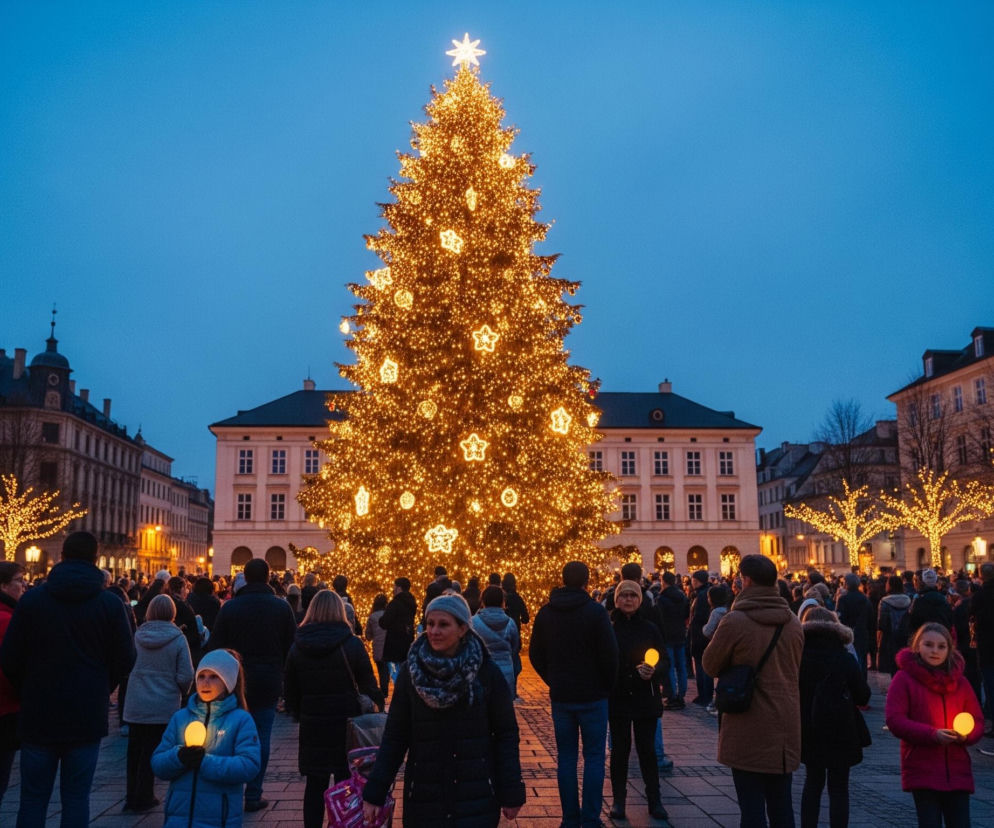 Na placu miejskim w nocy stoi duża, jasno oświetlona choinka, dominująca centralną część kadru. Choinka udekorowana jest niezliczoną ilością ciepłych, żółtych światełek, bombek i ozdób w kształcie gwiazd i okręgów, a jej szczyt wieńczy duża, świecąca gwiazda. Wokół drzewka zgromadził się tłum ludzi, wielu z nich trzyma w dłoniach małe, świecące lampiony lub balony. W tle widać rzędy budynków z oświetlonymi oknami i fasadami, a także drzewa ozdobione girlandami świetlnymi, wszystko to pod ciemnym, granatowym niebem.