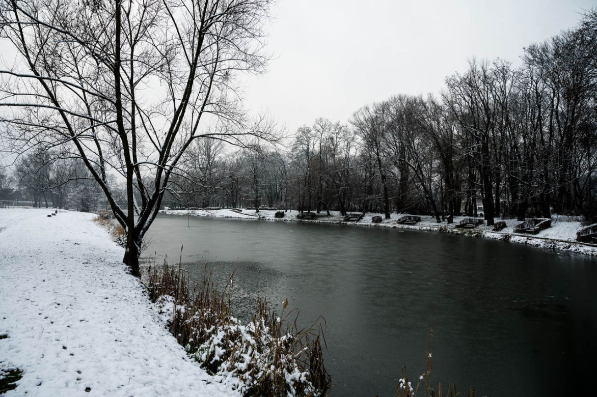 Skawiński park w zimowej otoczce