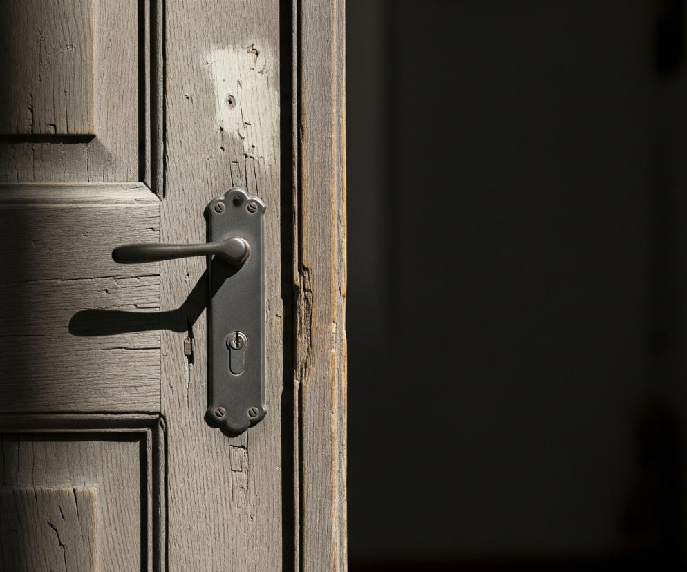Półotwarte drewniane drzwi w kolorze szarym zajmują lewą część kadru, z wyraźnymi śladami łuszczącej się farby i spękań. Na drzwiach, mniej więcej pośrodku wysokości, zamocowana jest metalowa, ciemnoszara klamka z płytką, na której widać otwór na klucz i ozdobne wkręty. Ostry cień rzucony przez klamkę przecina powierzchnię drzwi, podkreślając ich nierówną fakturę. Prawa strona obrazu to głęboka, nieoświetlona przestrzeń, niemal całkowicie czarna, co sugeruje ciemne wnętrze, do którego drzwi prowadzą.