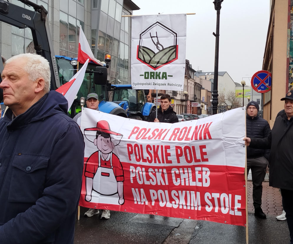 Uczestnicy protestu rolników, w tym mężczyzna z siwymi włosami i inni protestujący z transparentami „POLSKI ROLNIK POLSKIE POLE POLSKI CHLEB NA POLSKIM STOLE” i „ORKA – Ogólnopolski Związek Rolniczy”, w Siedlcach. Więcej o protestach na Super Biznes.