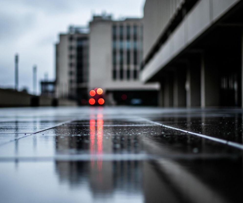 Na pierwszym planie widoczne jest mokre, odbijające światło podłoże złożone z ciemnych płytek, na którym lśnią krople wody. Po prawej stronie widać fragment szarej, prostej fasady budynku, która biegnie w głąb obrazu. W tle znajdują się rozmyte budynki o jasnych elewacjach, a pomiędzy nimi lśnią cztery czerwone, okrągłe światła, które tworzą smugi odbite w mokrej nawierzchni. Pochmurne, jasnoszare niebo dominuje górną część kadru, a po lewej stronie horyzontu widać niewyraźne, pionowe obiekty.