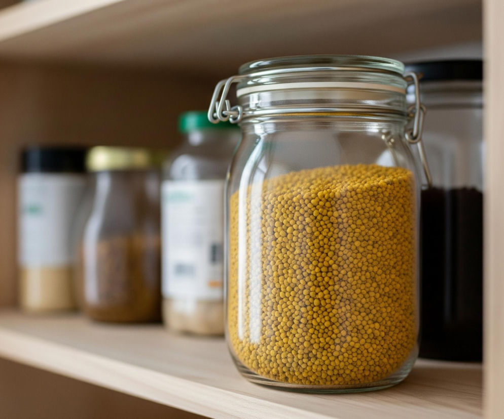 Na drewnianej półce stoi szklany słoik z metalowym zamknięciem, wypełniony po brzegi małymi, żółtymi kuleczkami. Kuleczki, przypominające groszek lub małe ziarenka, są jednolitej wielkości i intensywnego, musztardowego koloru. Obok słoika, w tle, widoczne są inne pojemniki, częściowo niewyraźne, w tym jeden z ciemną zawartością i kilka innych z jasnymi etykietami. Półka jest częścią większej, drewnianej konstrukcji, prawdopodobnie regału, a tło za nią jest rozmyte, co dodatkowo skupia uwagę na pierwszym planie.