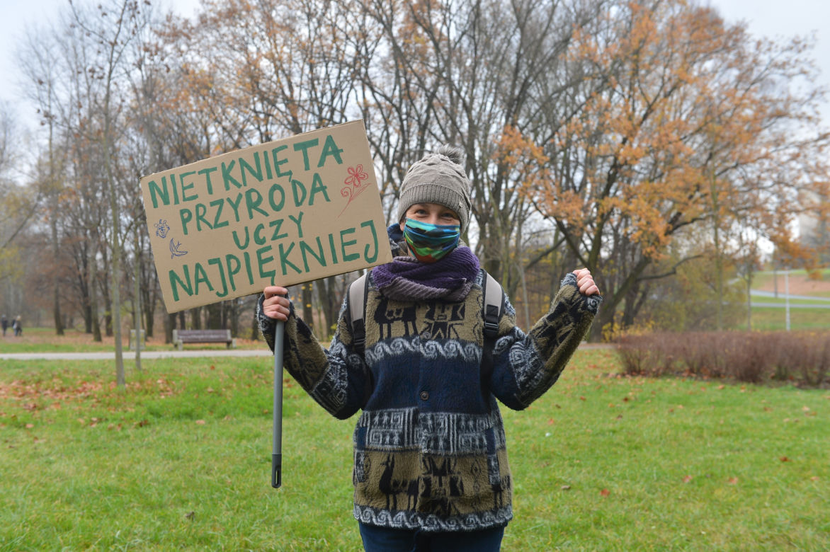 Protest przeciwko inwestycji w parku Dolinka Służewiecka