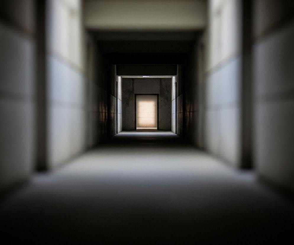 Wąski korytarz, oświetlony odległym, jasnym prostokątem drzwi, rozciąga się w głąb obrazu. Ściany boczne, ciemne i rozmazane po bokach, stają się jaśniejsze i bardziej wyraźne w miarę zbliżania się do centralnego punktu. Podłoga i sufit są ciemne, tworząc tunelową perspektywę, która skupia wzrok na świetlistym końcu.