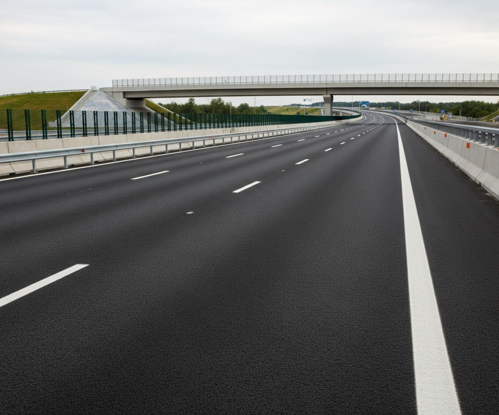 Czteropasmowa autostrada z ciemnym asfaltem i wyraźnymi białymi liniami prowadzi prosto w głąb kadru, wznosząc się delikatnie. Po obu stronach drogi znajdują się szare barierki ochronne oraz betonowe mury, a za nimi, po lewej, widoczne jest zielone zbocze usypane ziemią i pokryte siatką oraz krzewami, oddzielone również metalowym płotem akustycznym. Na drugim planie, nad autostradą, przebiega betonowy wiadukt, z widocznymi filarami, z siatkowymi balustradami, a w tle rozciąga się zachmurzone niebo.