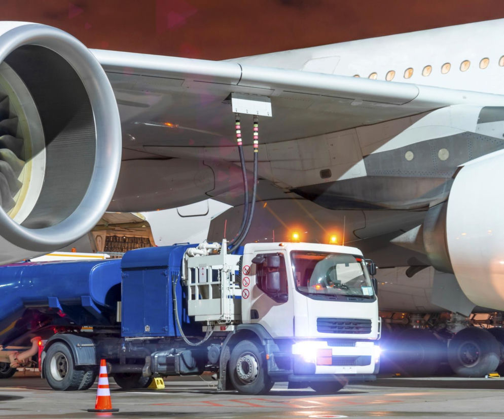 Samolot pasażerski tankowany nocą przez biało-niebieską cysternę na płycie lotniska, co odzwierciedla kontekst rekordowych cen paliwa lotniczego, o których przeczytasz na Super Biznes.