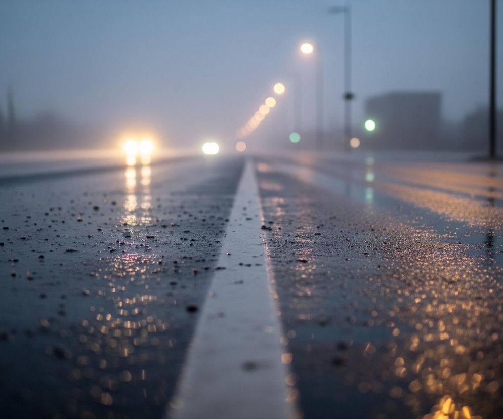 Asfaltowa droga, pokryta licznymi kroplami wody, rozciąga się w głąb kadru, tworząc wyraźne odbicia świateł. Wzdłuż środka jezdni biegnie pojedyncza, biała linia, częściowo zamazana przez deszcz. W tle, w oddali, widać jasne reflektory nadjeżdżających samochodów oraz szereg żółtych i zielonych świateł ulicznych, rozmieszczonych wzdłuż drogi. Otoczenie jest spowite mgłą lub mrokiem, co nadaje scenie melancholijny, rozmyty charakter.