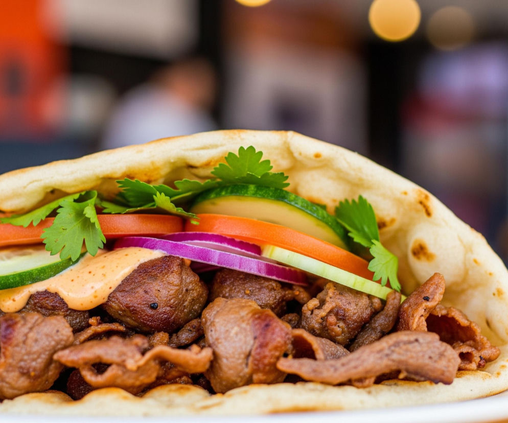 Pita chlebowa, lekko przypieczona i widoczna w złocistym odcieniu, jest wypełniona kawałkami mięsa w kolorze brązowym, zarówno w formie drobnych, poszarpanych fragmentów, jak i większych, bardziej zwartej struktury. Na wierzchu mięsa znajduje się pomarańczowo-beżowy sos, spływający nieregularnymi strużkami. Obok sosu i mięsa ułożone są warzywa: zielone plastry ogórka z widocznymi nasionami, cienkie plasterki czerwonej cebuli oraz jasnozielone liście świeżej kolendry lub pietruszki. Całość spoczywa na białym talerzu, a tło jest rozmyte, ukazując pomarańczowo-brązowe powierzchnie i niewyraźne, jasne plamy światła.