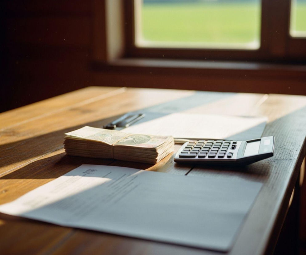 Stos banknotów, kalkulator i dokumenty leżące na drewnianym stole, w tle okno z widokiem na zielone pole, symbolizujące dopłaty dla rolników i zarządzanie finansami. O szczegółach przeczytasz na Super Biznes.