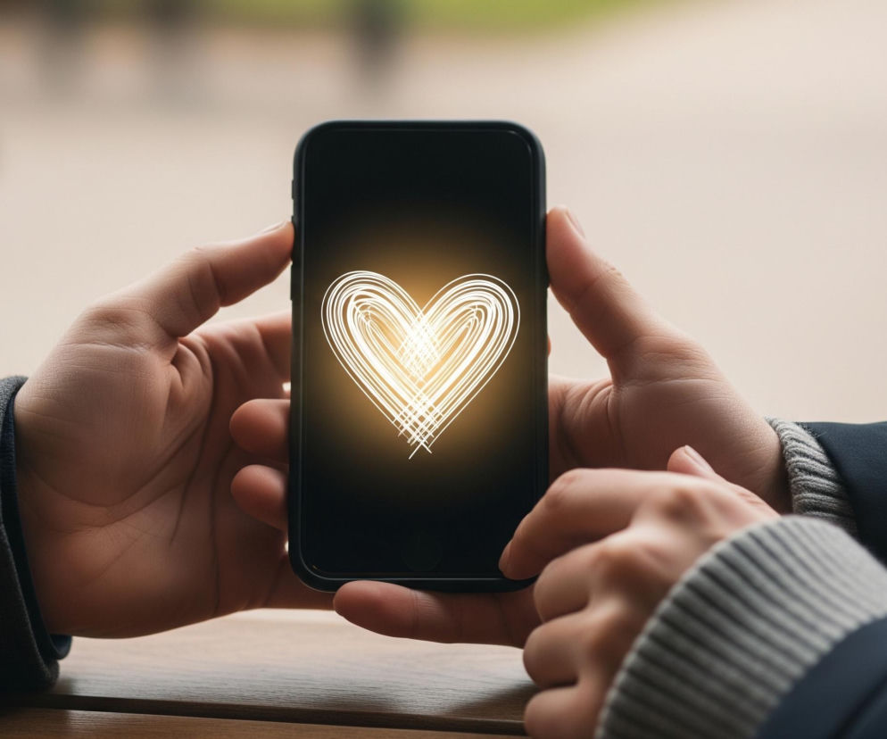Centralnie na zdjęciu znajdują się dwie dłonie trzymające czarny smartfon z wyświetlonym na ekranie złotym, rozświetlonym sercem. Serce jest narysowane liniami przypominającymi szkic. Lewa dłoń zakrywa dolną część telefonu, a prawy kciuk dotyka prawej krawędzi ekranu. Osoba nosi ciemne ubranie, z widocznymi szarymi, prążkowanymi mankietami. Tło jest rozmyte, z widocznym zielonym fragmentem po lewej stronie u góry oraz jasnobeżową powierzchnią za dłońmi.