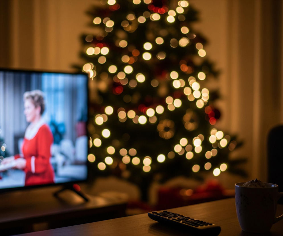 Telewizor z jasnym ekranem, pokazujący dwie kobiety, jedna ubrana w białą suknię, druga w czerwoną, rozmawiające przed choinką z lampkami, znajduje się po lewej stronie kadru. Po prawej, w tle, widoczna jest rozświetlona choinka, a jej liczne białe i czerwone lampki tworzą rozmyte kręgi światła. Na pierwszym planie, na drewnianym blacie, leży czarny pilot do telewizora obok jasnego kubka wypełnionego napojem z bitą śmietaną i posypką.