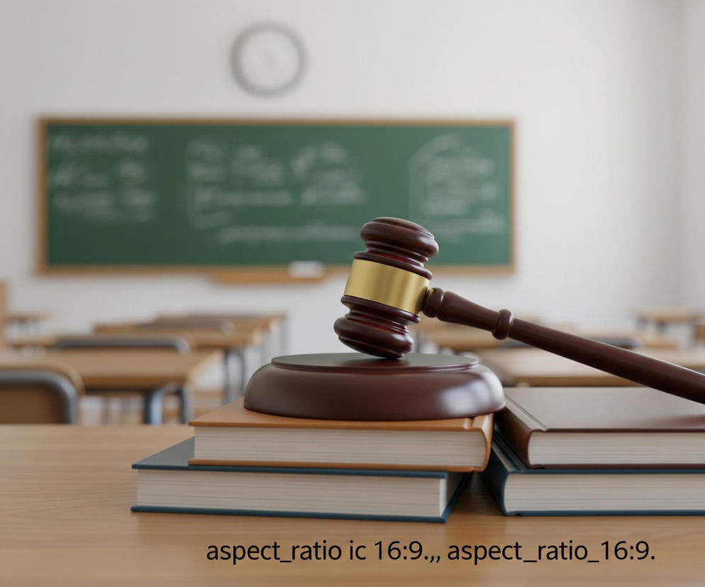 Na pierwszym planie, po lewej stronie, leży drewniany młotek sędziowski z mosiężnym pierścieniem, oparty o okrągłą, brązową podstawkę. Poniżej młotka znajdują się dwie ułożone w stos książki z jasnymi kartkami, jedna w brązowej, a druga w niebieskiej oprawie, leżące na drewnianym blacie biurka. Po prawej stronie młotka widoczne są kolejne dwie książki w ciemnobrązowej i niebieskiej oprawie, również ułożone w stos na tym samym blacie. W tle, rozmyte, widać zieloną tablicę na białej ścianie, a także rzędy jasnobrązowych biurek i krzeseł typowych dla sali lekcyjnej oraz okno po prawej stronie.