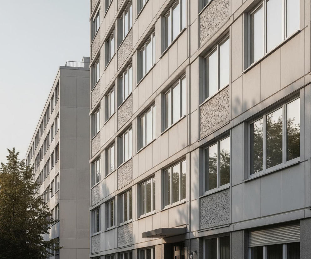 Dwoma głównymi elementami zdjęcia są dwa duże, podłużne, wielopiętrowe budynki o jasnoszarych fasadach, ustawione równolegle do siebie. Budynek po prawej stronie jest bliżej i jest bardziej widoczny, jego ściana ma regularne rzędy okien z białymi ramami, a pomiędzy niektórymi piętrami znajdują się prostokątne panele z ozdobnym, reliefowym wzorem. Fasada budynków jest oświetlona ciepłym, bocznym światłem, tworzącym łagodne cienie i uwydatniającym tekstury. W tle po lewej stronie znajduje się niebo o jednolitym, jasnoszarym odcieniu, a u dołu po lewej stronie oraz w odbiciach w oknach widać zielone korony drzew, niektóre z nich mają liście w odcieniach zieleni i żółci.